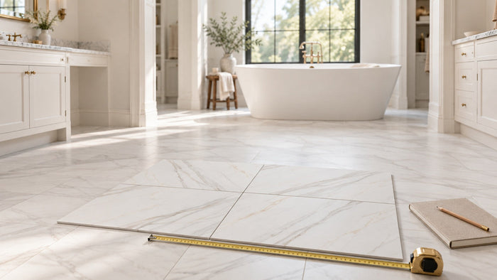 Marble-look porcelain tiles laid out on a subfloor next to tile boxes and a tape measure