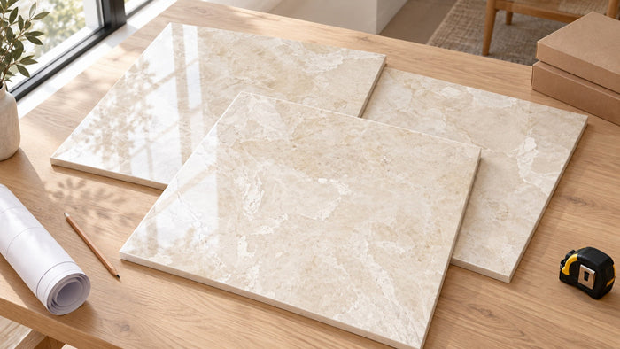Polished cream marble tiles on a project table beside a rolled floor plan and tape measure