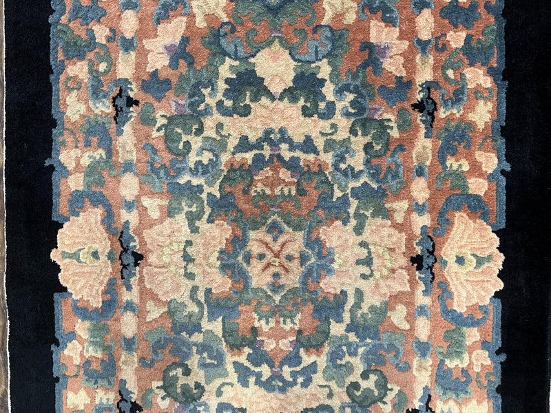 Chinese Art Deco Rug 3x5, Black and Beige Chinese Carpet 3 x 5, Vintage Rug, 1950s Rug, Floral Rug, Handmade Rug, Art Deco Rug, Wool Rug by Jewel Rugs