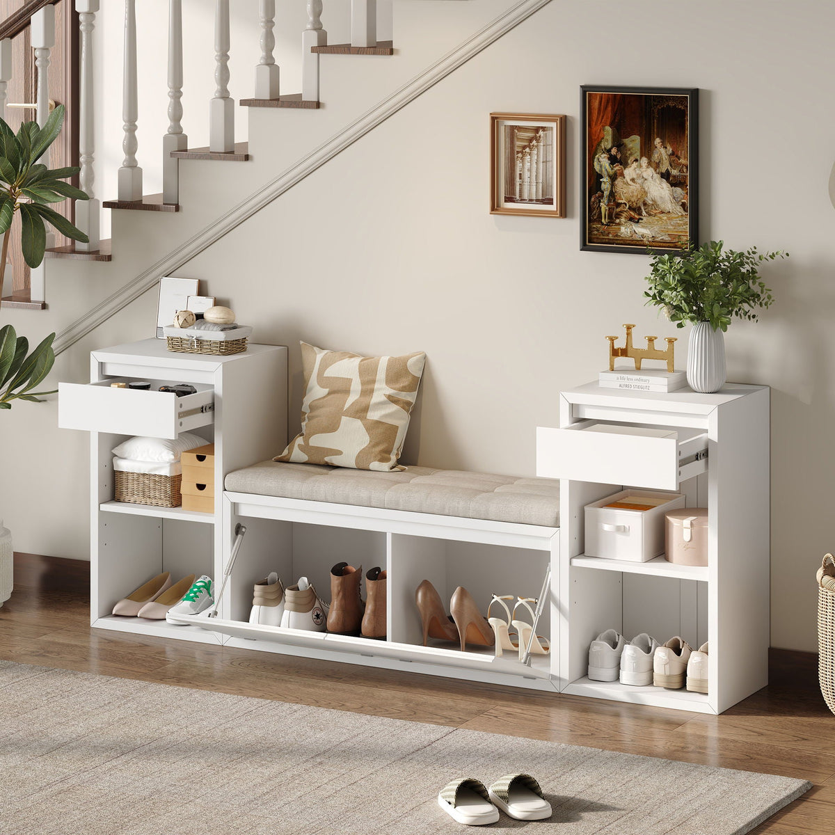 Entryway Storage Bench with Cushion, Drawers & Open Shelves - Choice of Color, photo 5 of 40