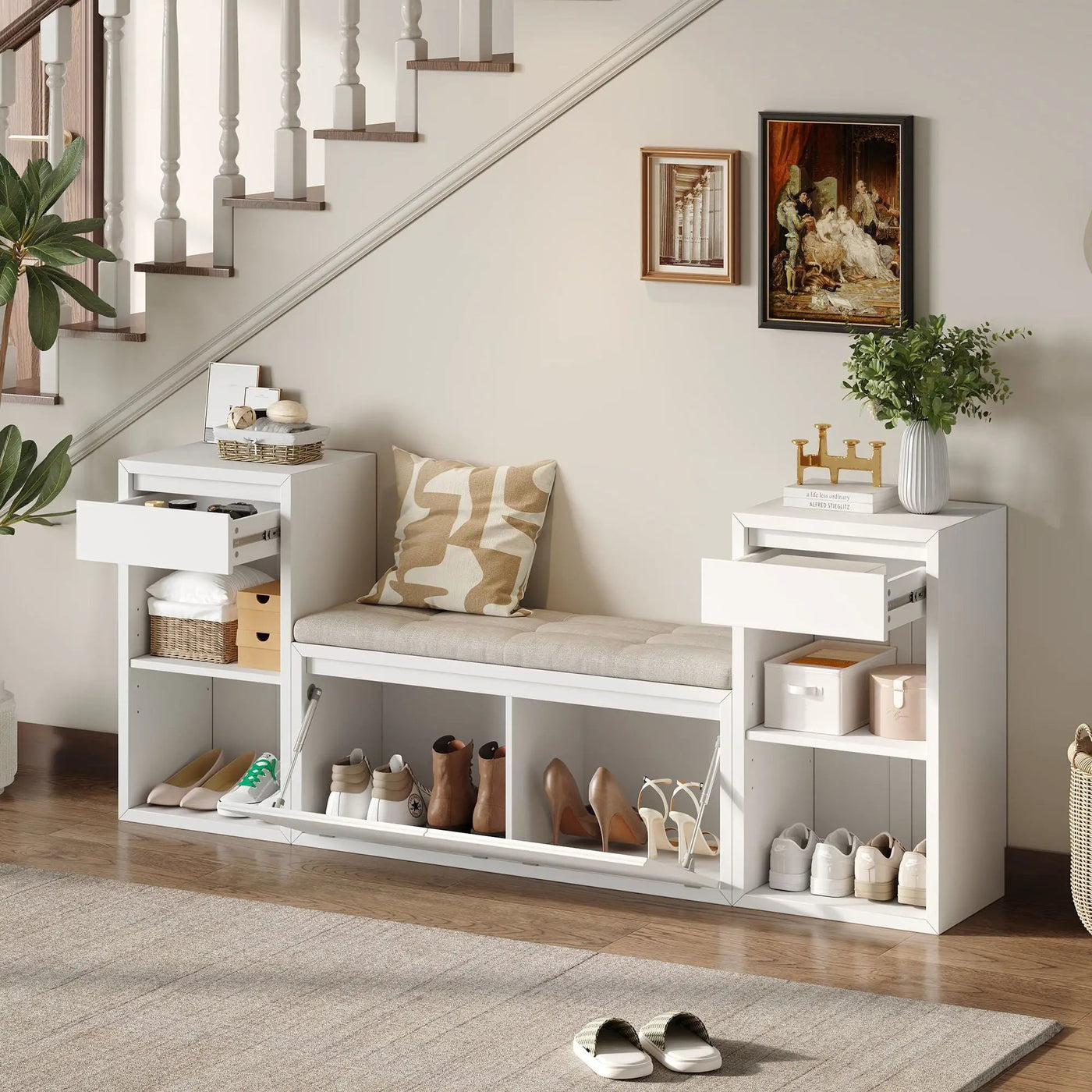 Entryway Storage Bench With Cushion, Drawers & Open Shelves by Unique Piece Furniture