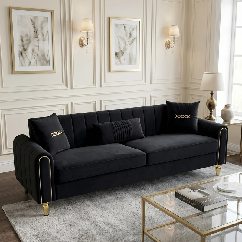 FX-P11-BK 87.4 Inch Modern Sofa Couch for Living Room, 3 Seater Upholstered Sofa with Pillows by HouseOfZazla