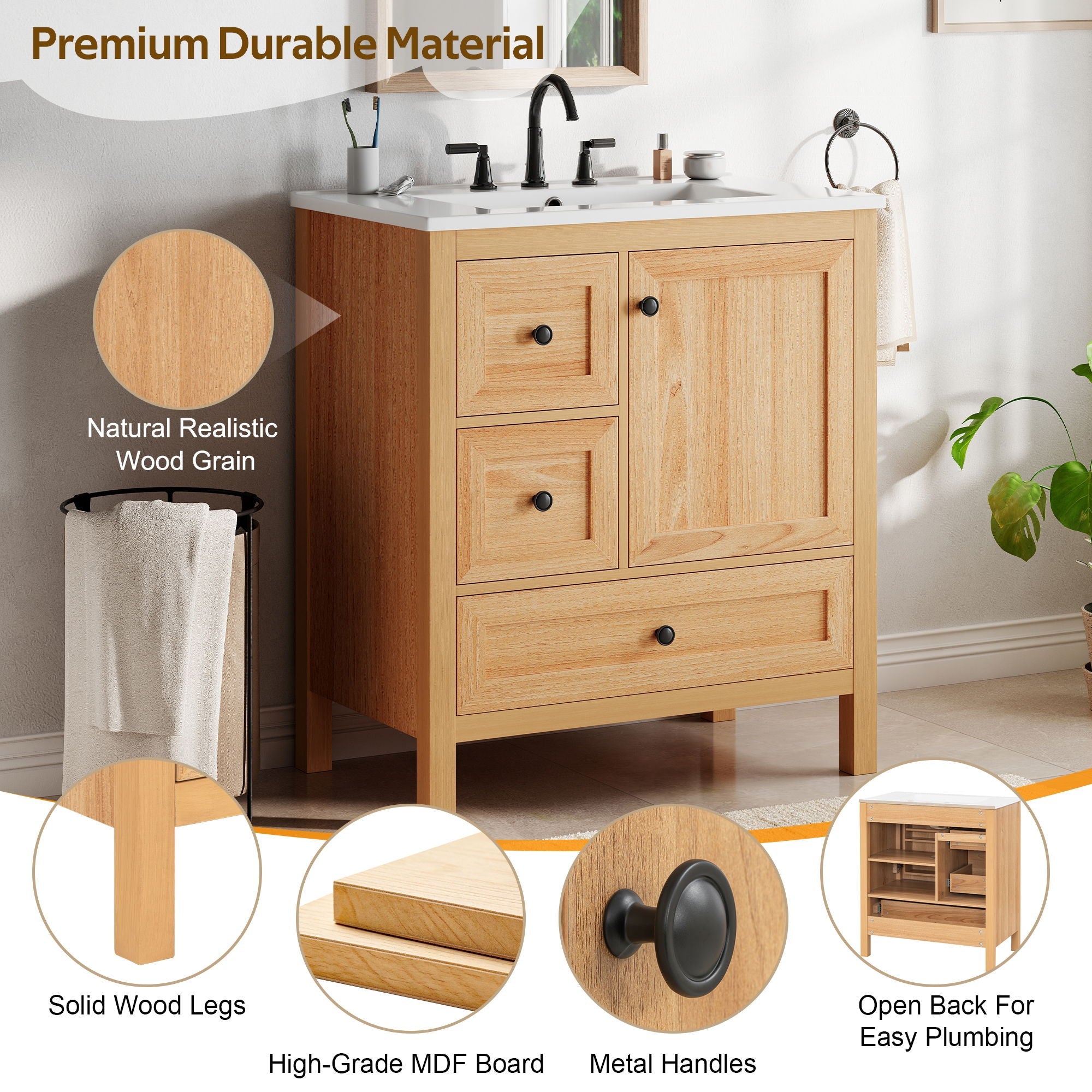 Modern Bathroom Vanity With Sink, Soft Close Drawers & Door, Storage Rack by HouseOfZazla