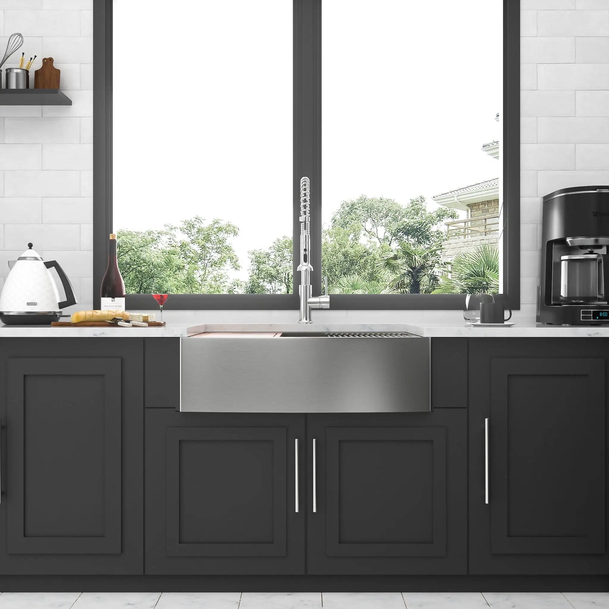 Double Bowl Farmhouse Sink Workstation 33" Stainless Steel 16 Gauge Apron Front - Black / Gray by HouseOfZazla
