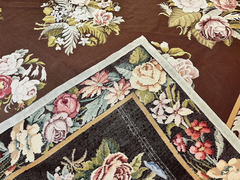 Vintage Needlepoint Rug 9x12, Large Handmade Hand-woven Needlepoint Carpet, Brown Area Rug, Floral Bouquets, Wool Rug, European Design by Jewel Rugs