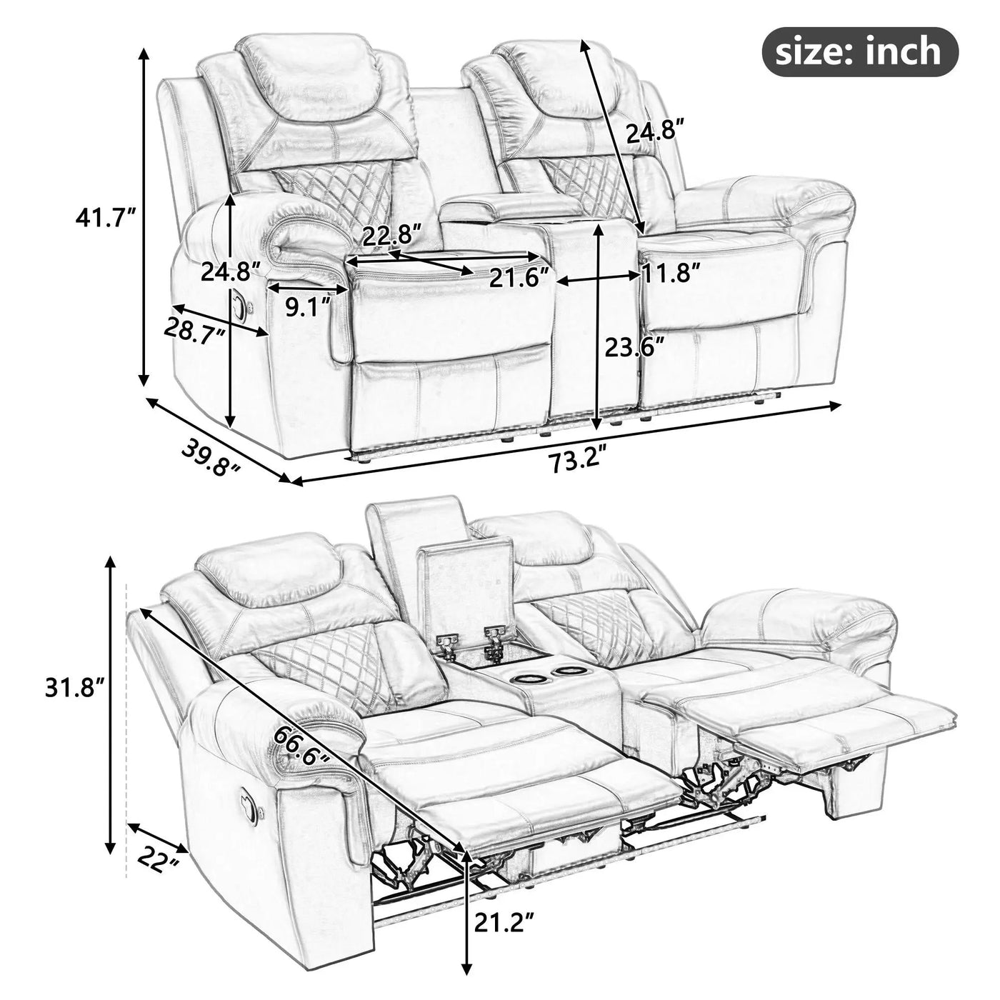 Home Theater Seating Manual Recliner Loveseat With Hide-Away Storage, Cup Holders And Led Light Strip For Living Room by Unique Piece Furniture