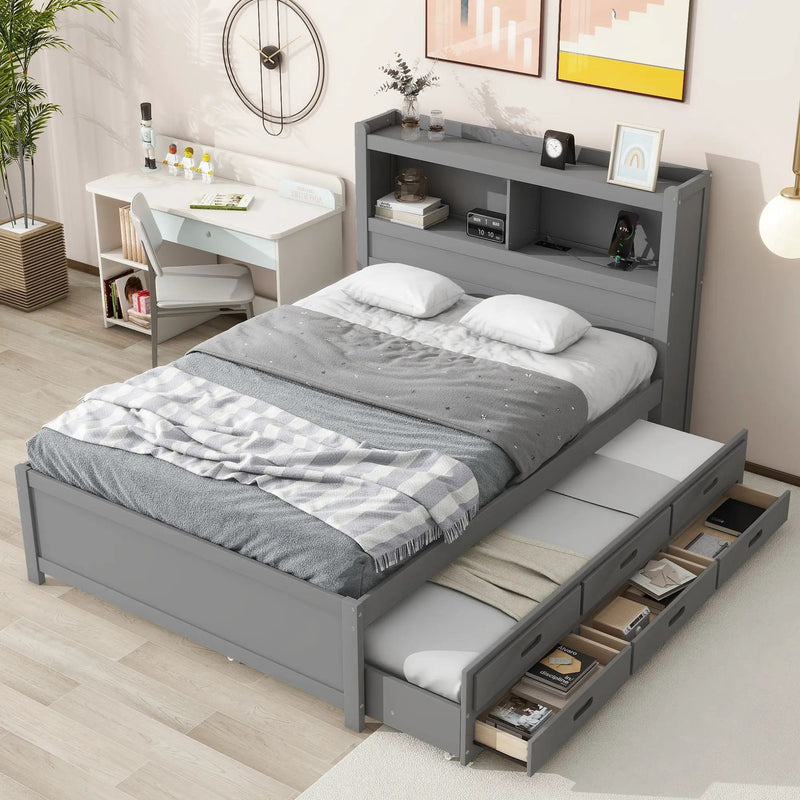 Full Size Platform Bed With Trundle, Drawers, USB Ports And Built In Shelves - Gray by Unique Piece Furniture