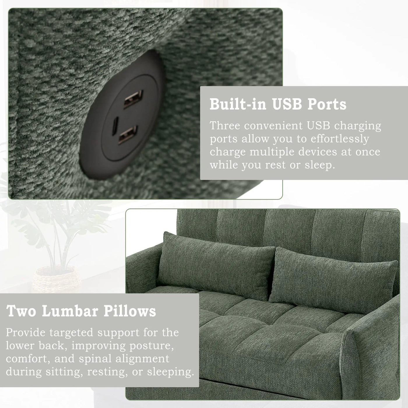 Loveseat Sofa Pull-Out Bed With Adjustable Backrest, 3 USB Ports And 2 Lumbar Pillows For Living Room by Unique Piece Furniture