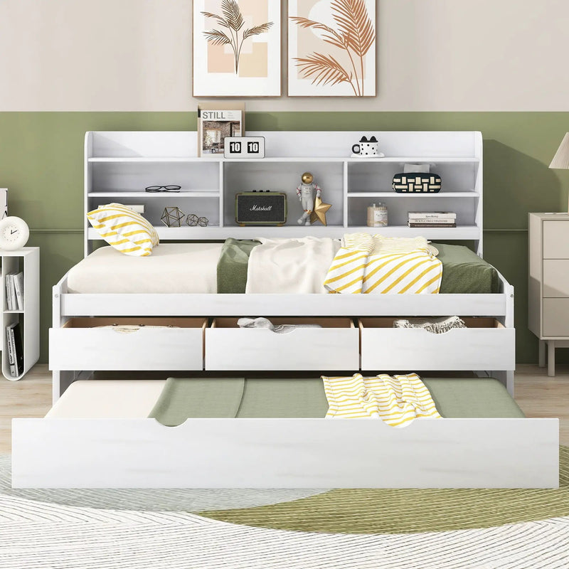 Captain Bed With Built In Bookshelves, 3 Storage Drawers, And Trundle by Unique Piece Furniture