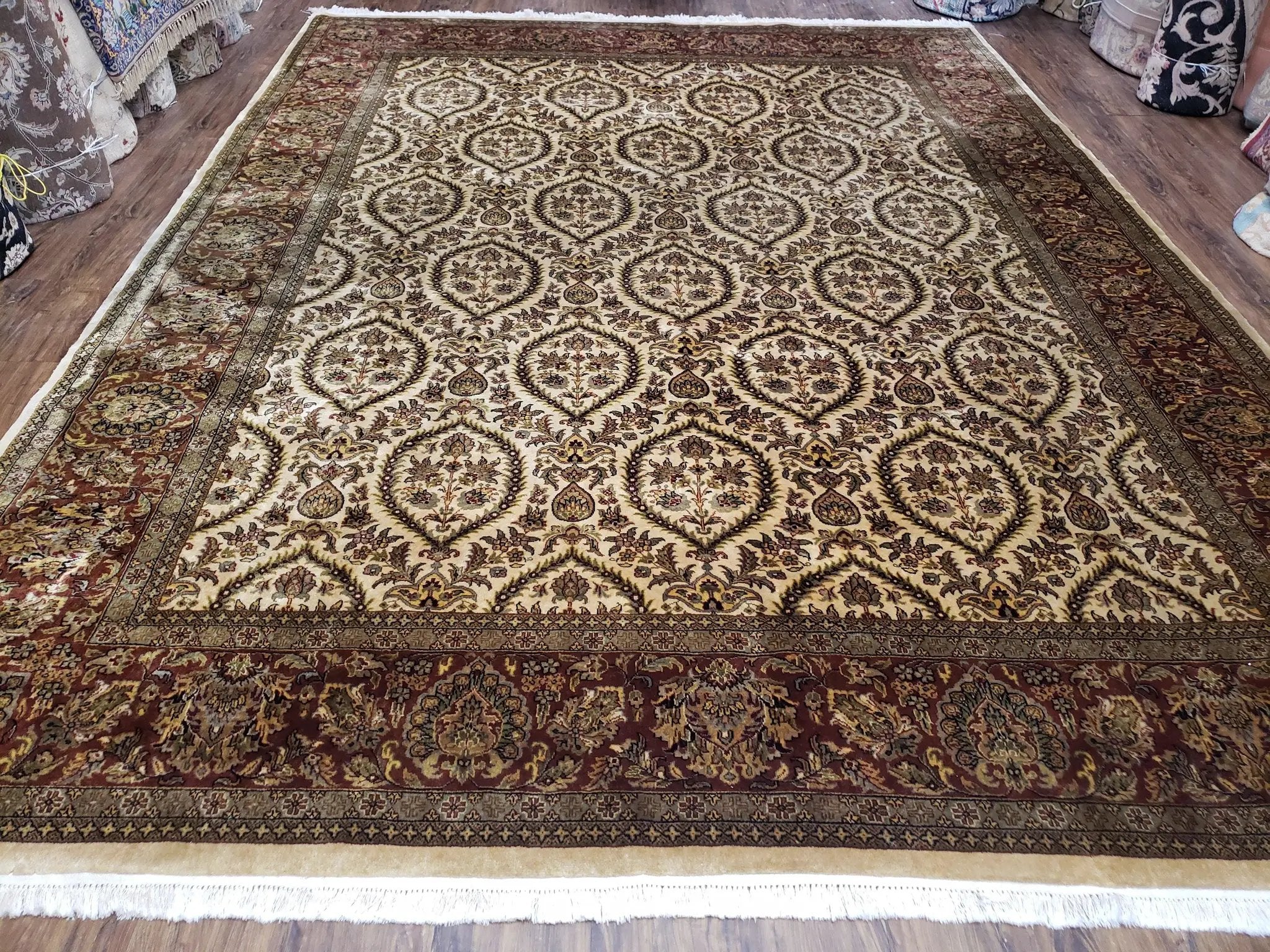 Vintage Indo Persian Area Rug 9x12, Wool Hand-Knotted Ivory & Dark Red Oriental Carpet, Fine Weave 9 x 12 Indian Rug, Dining Room Rug by Jewel Rugs