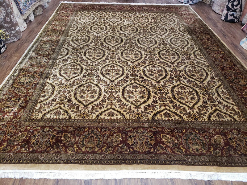 Vintage Indo Persian Area Rug 9x12, Wool Hand-Knotted Ivory & Dark Red Oriental Carpet, Fine Weave 9 x 12 Indian Rug, Dining Room Rug by Jewel Rugs