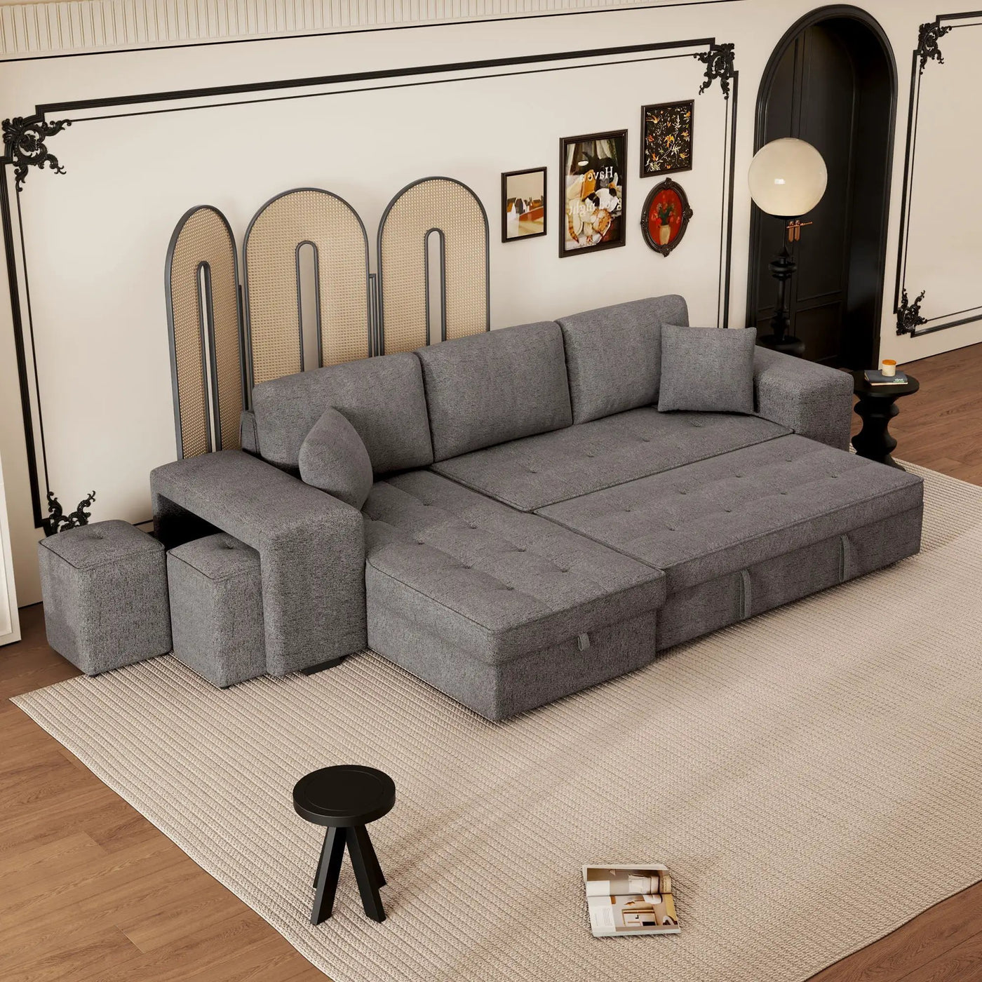 Modern L-Shape 3 Seat Reversible Sectional Couch, Pull Out Sleeper Sofa With Storage Chaise And 2 Stools For Living Room Furniture Set by Unique Piece Furniture