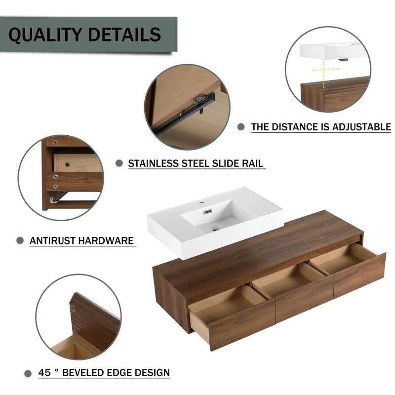 Modern Wall Mounted Bathroom Vanity With Resin Sink And Side Cabinet - Brown Ebony by HouseOfZazla