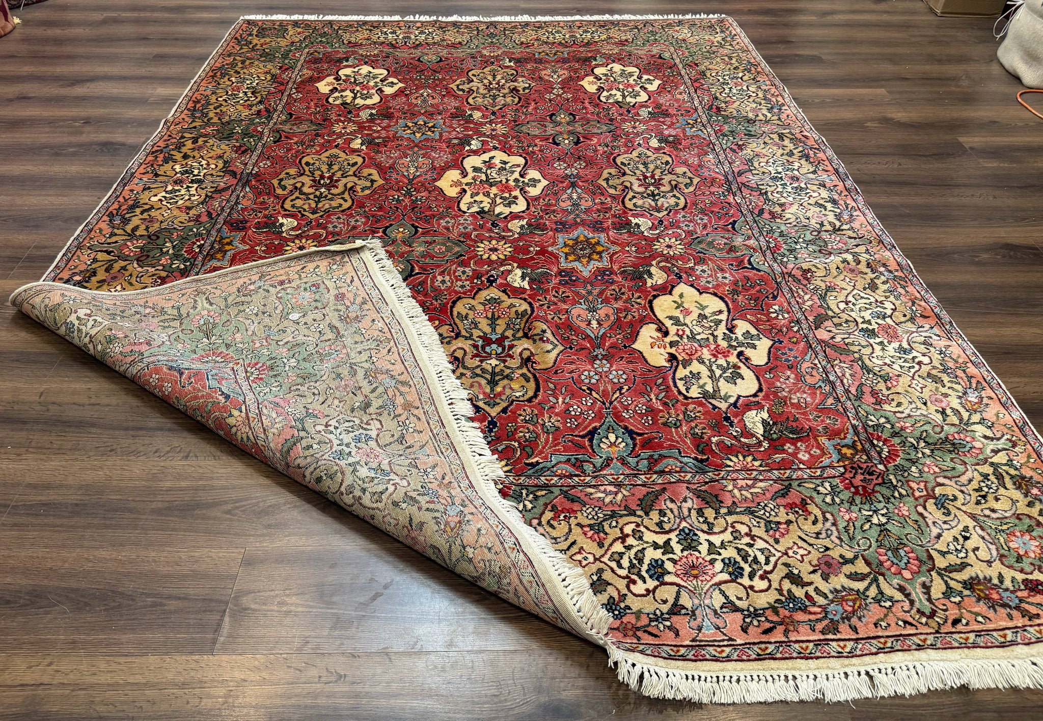 Antique Tabriz Persian Rug 7x10, Red Cream Tan, Unique Design, Fine 270 KPSI, Birds, Floral by Jewel Rugs