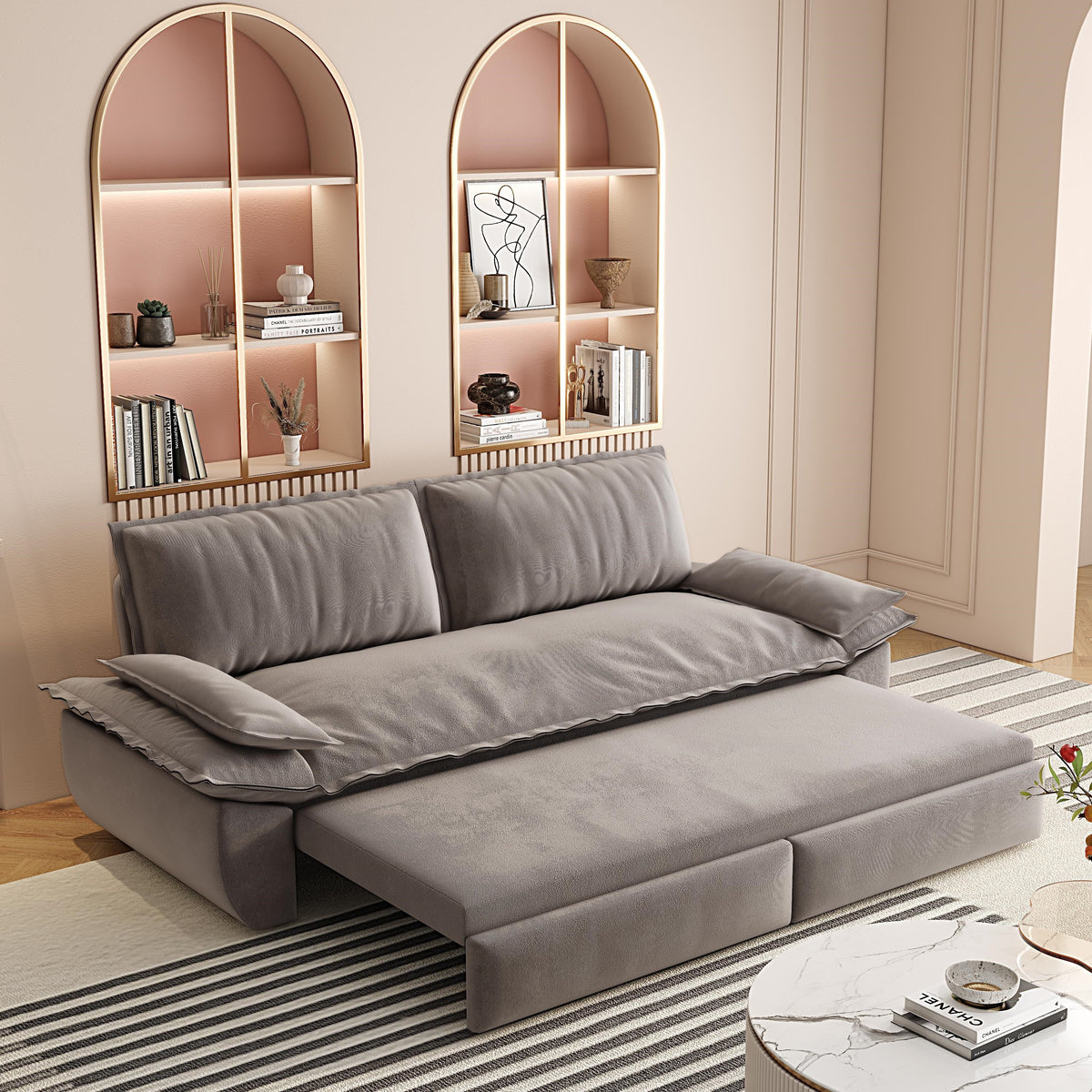 Grey Velvet Queen Pull Out Sofa Bed with 3-in-1 Convertible Design, photo 3 of 10