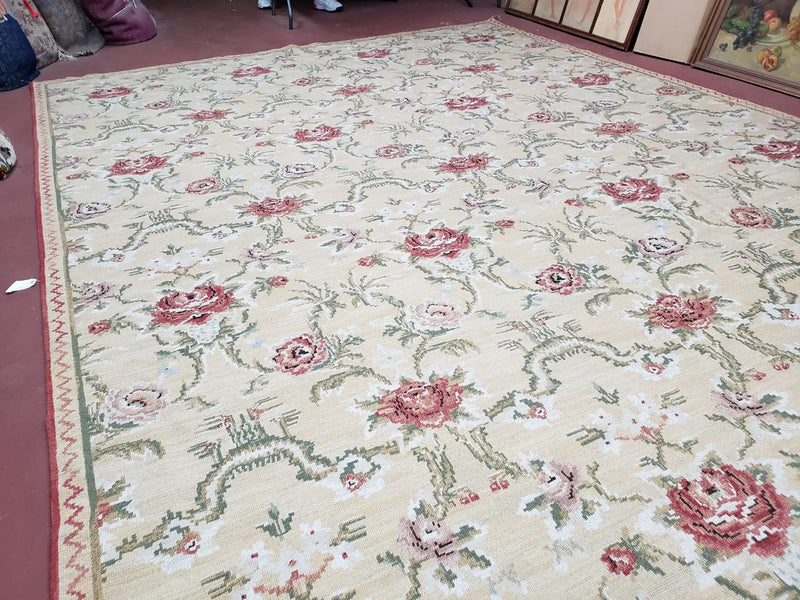 Needlepoint Rug 10x14 Wool Flatweave Carpet, English Floral Pattern, Pale Yellow, Roses, Allover Pattern, Handmade Large Needlepoint Nice by Jewel Rugs