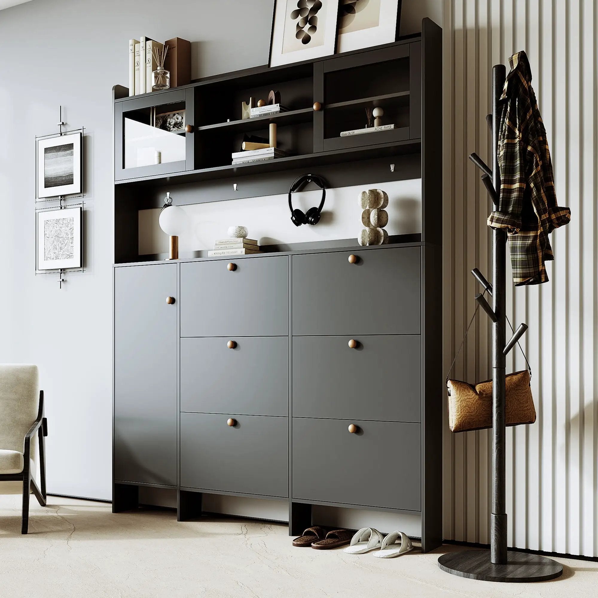 On Trend Multifunctional Tipping Bucket Shoe Cabinet With Storage Shelf & 6 Flip Drawers by Unique Piece Furniture