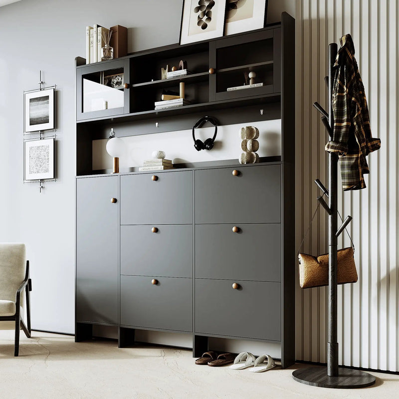 On Trend Multifunctional Tipping Bucket Shoe Cabinet With Storage Shelf & 6 Flip Drawers by HouseOfZazla