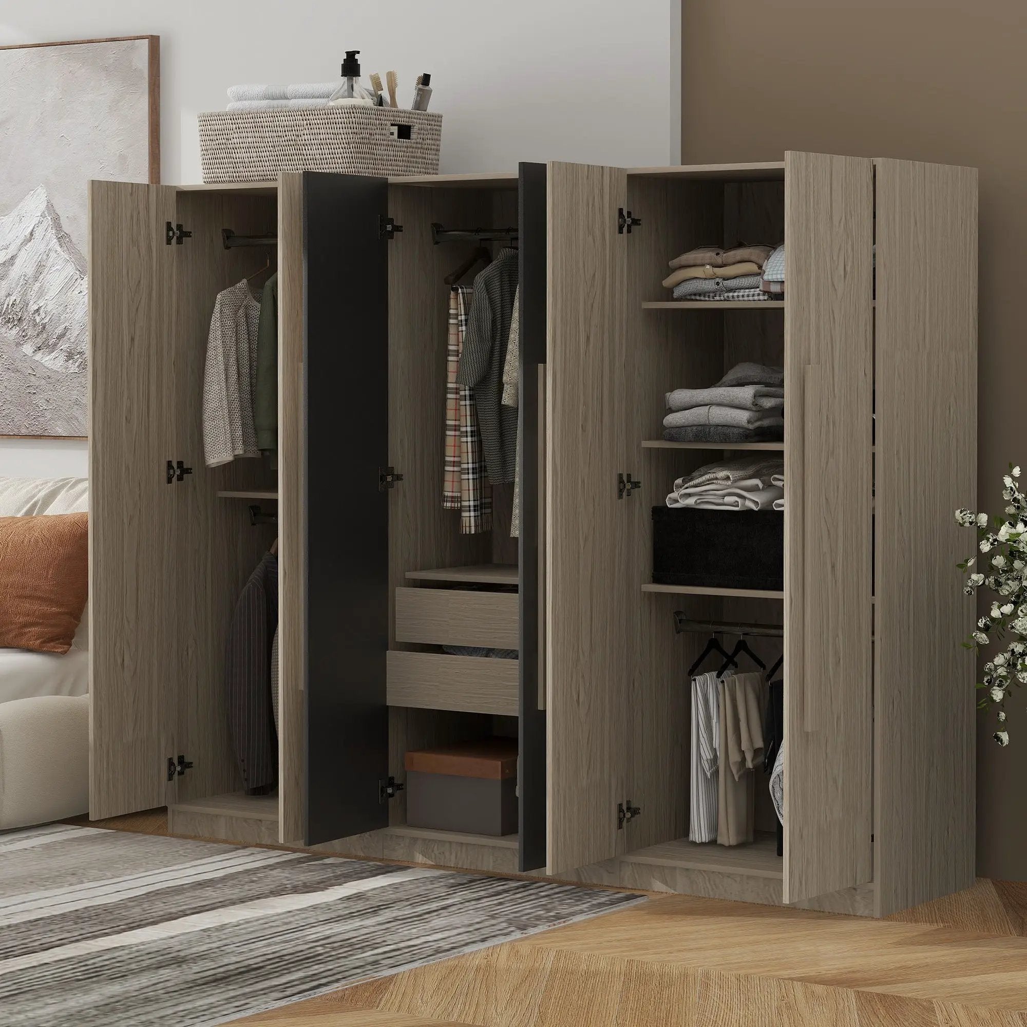 6 Doors Wardrobe Storage For Bedroom, With 2 Drawers Inside - Black / Nature by Unique Piece Furniture