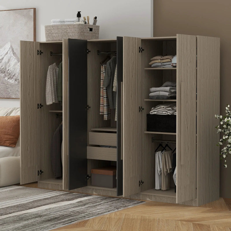 6 Doors Wardrobe Storage For Bedroom, With 2 Drawers Inside - Black / Nature by HouseOfZazla