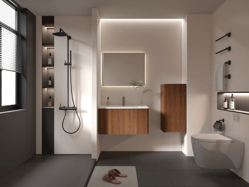 Striped Walnut Bathroom Floating Side Cabinet, Wall-Mounted Storage Cabinet For Small Spaces - Walnut by HouseOfZazla