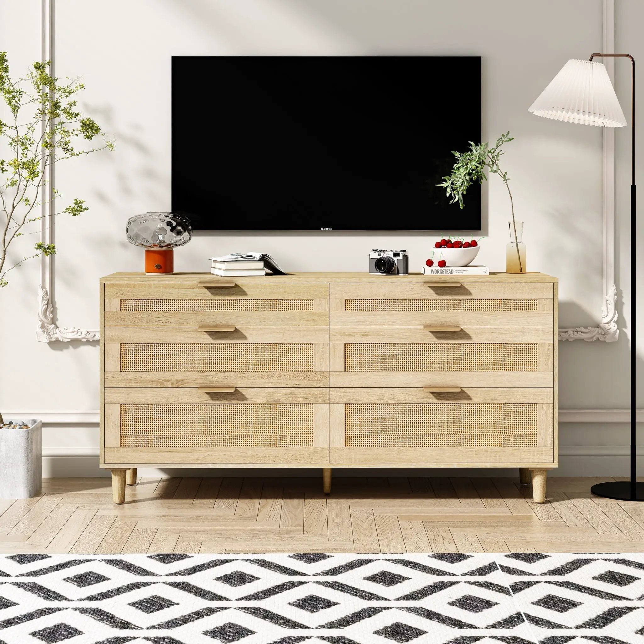 Rattan Dresser With 6 Drawers, Legs & Handles, Storage Cabinet - Natural by HouseOfZazla