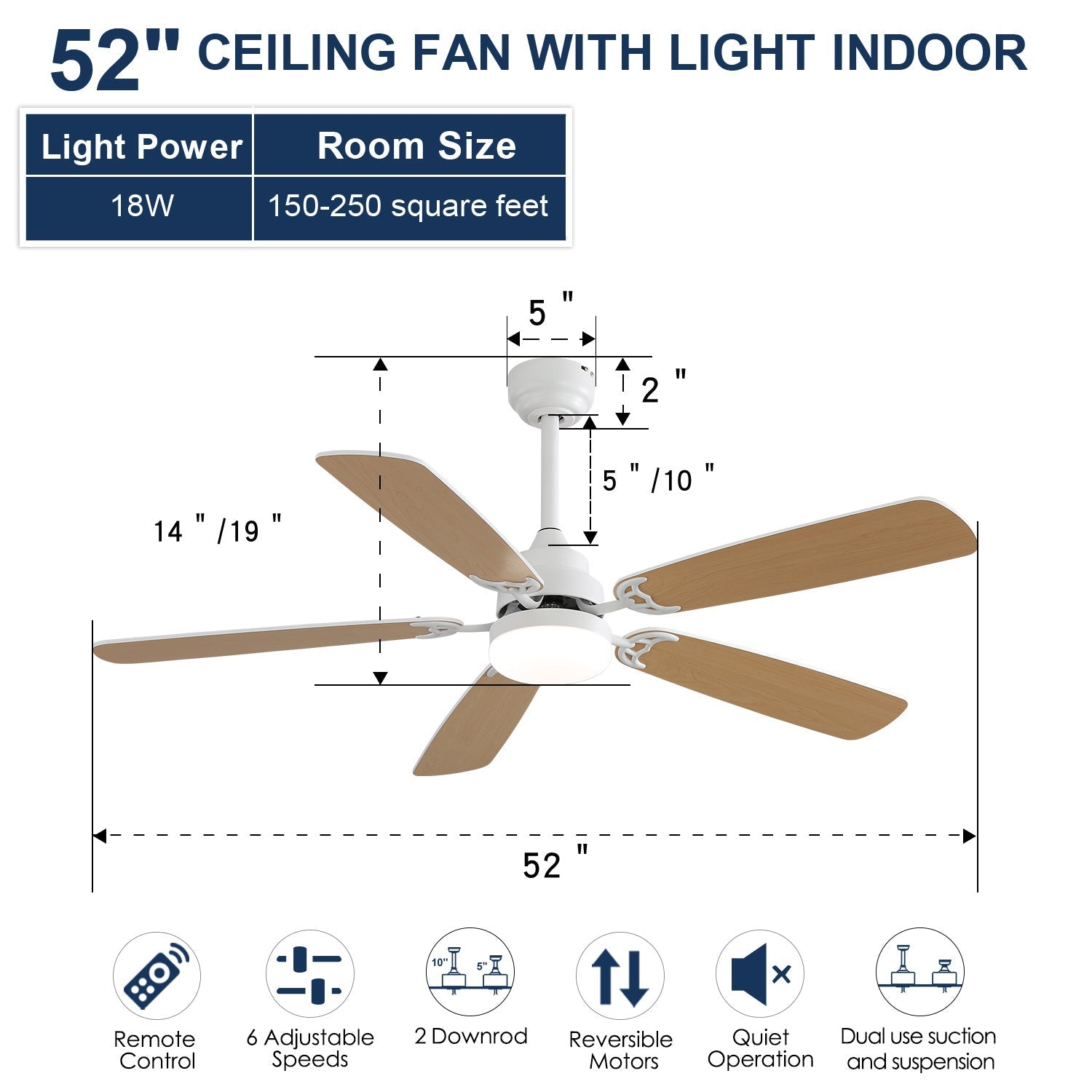 Indoor Modern 52 Inch Ceiling Fan with 6-Speed Remote and LED Light by HouseOfZazla