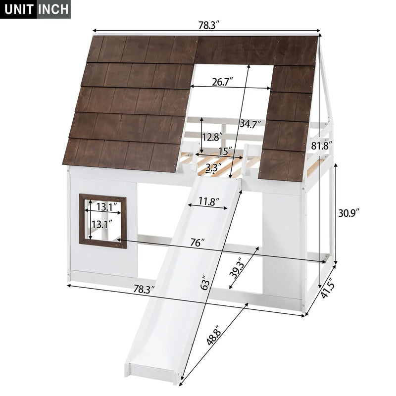 Wood Twin Size House Bunk Bed With Roof, Ladder And Slide - White / Brown by HouseOfZazla