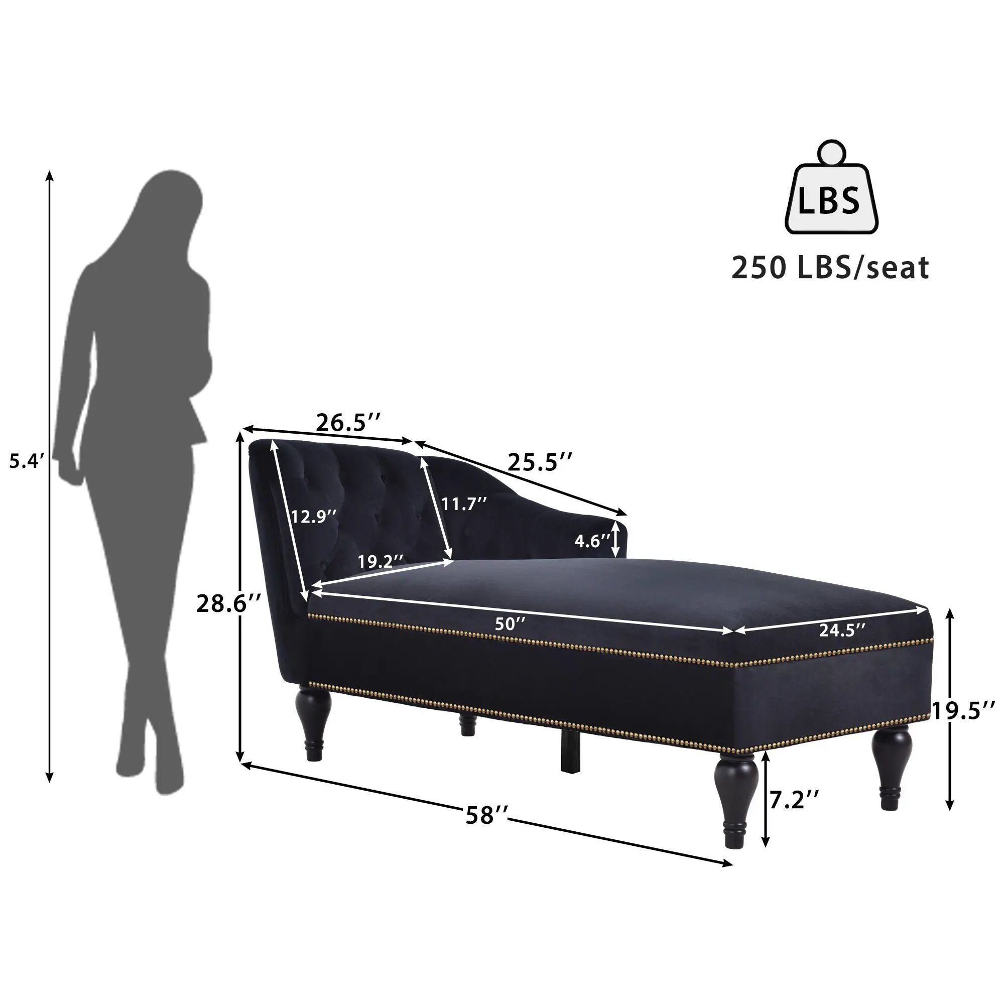 Velvet Chaise Lounge, Button Tufted Right Arm Facing Lounge Chair With Nailhead Trim For Living Room - Black by Unique Piece Furniture