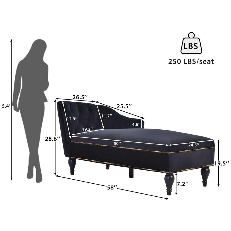 Velvet Chaise Lounge, Button Tufted Right Arm Facing Lounge Chair With Nailhead Trim For Living Room - Black by Unique Piece Furniture
