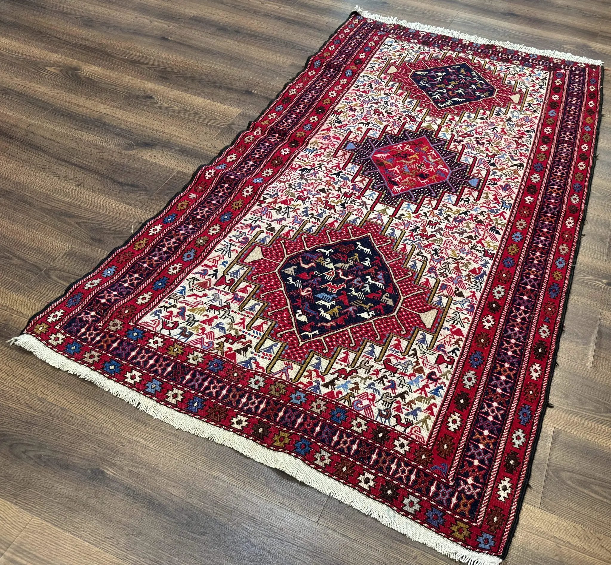 Persian Soumak Kilim Rug 4x6, Triple Medallions Tribal Pictorials, Caucasian Azerbaijani Kilim by Jewel Rugs