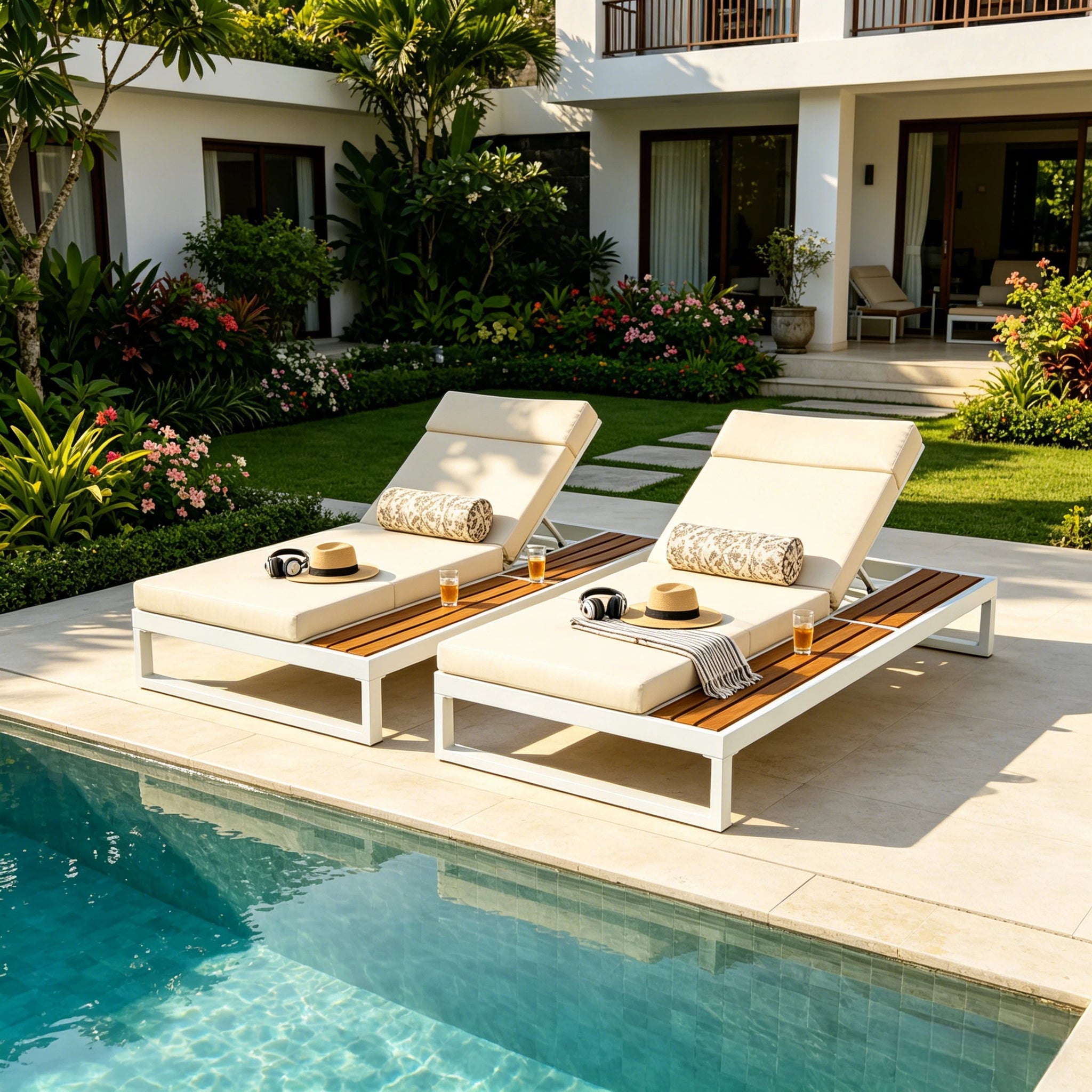 White Iron & Teak Finish Chaise Lounge Set: 1 Frame + 1 4-Fold by HouseOfZazla