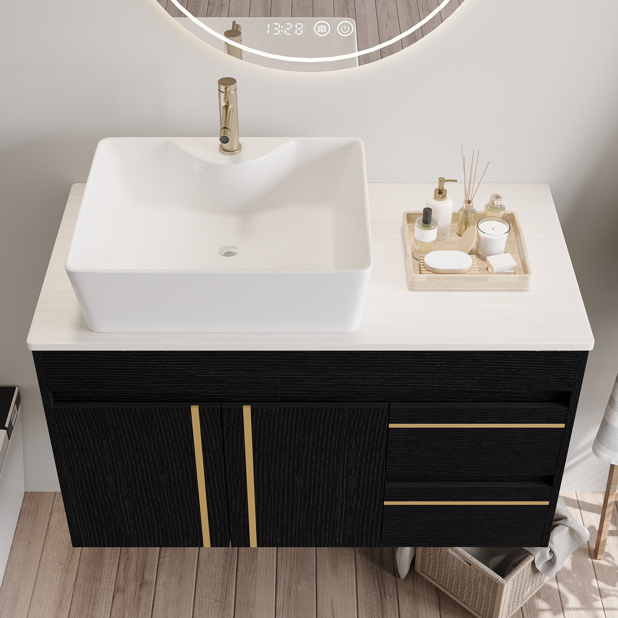 36" Wall-Mounted Bathroom Vanity with Vessel Ceramic Sink & Plywood Countertop by HouseOfZazla