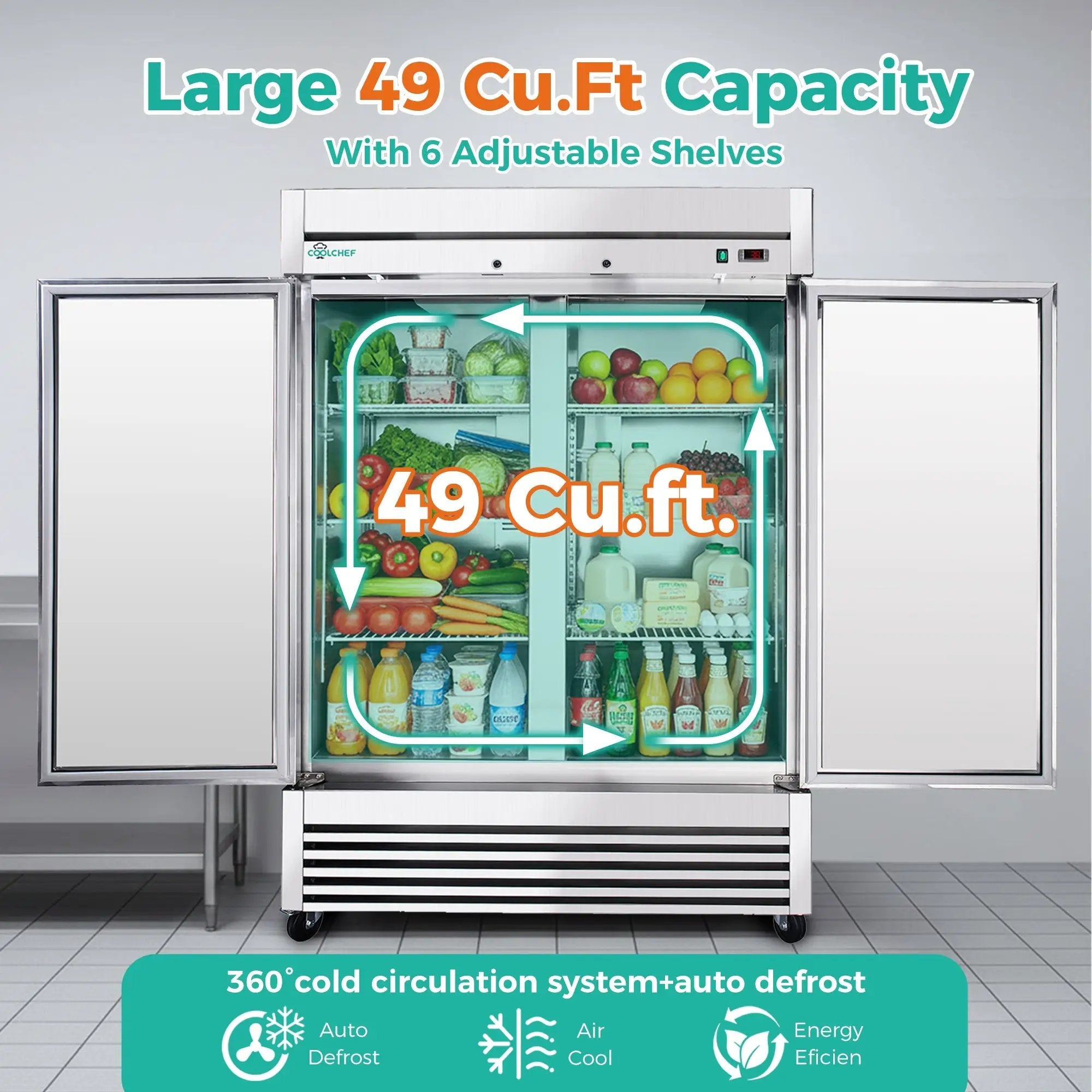54" Commercial Refrigerator 49 Cu.Ft Stainless Steel 2 Door Reach-In Fridge by HouseOfZazla