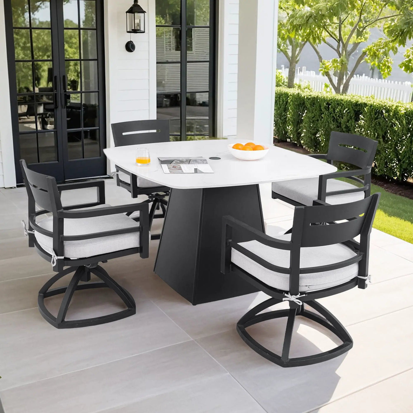 Outdoor Patio Dining Set, Squircle Dining Table, Dining Chairs With Sunbrella Cushions by Unique Piece Furniture
