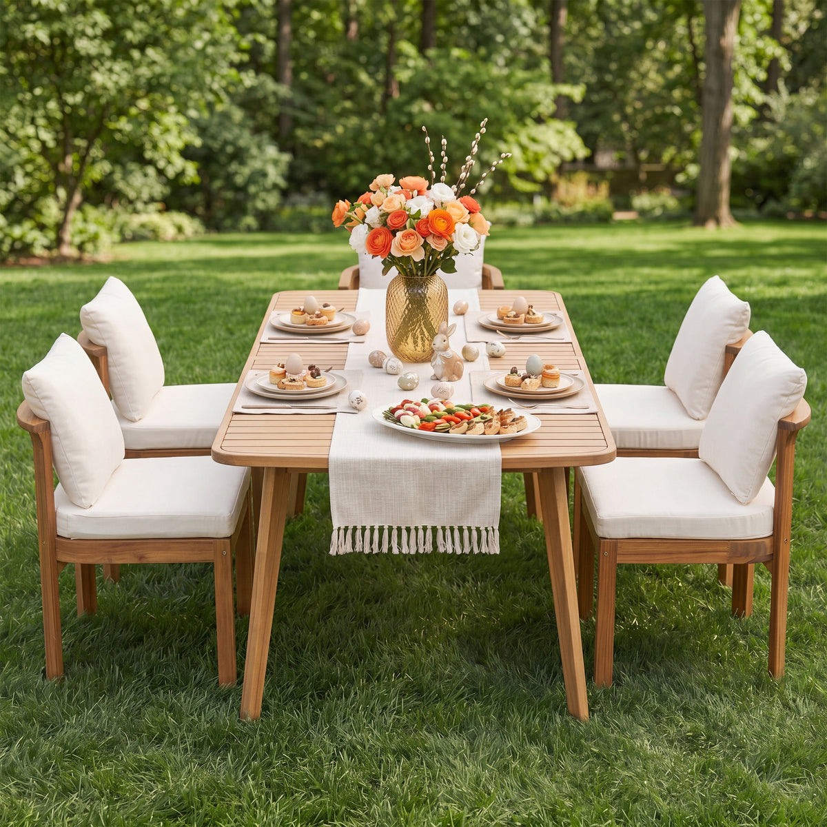 Acacia Wood Outdoor Dining Chair Set of 4 with Water-Repellent Cushions – Brown, Cream or Cream, Teak, photo 2 of 10
