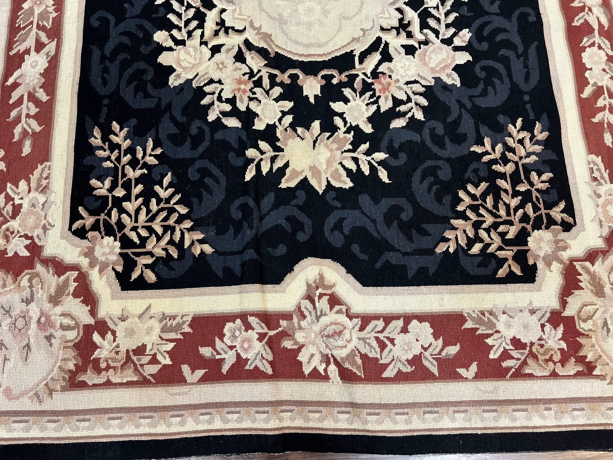 Needlepoint Rug 5x8, Wool Handmade Vintage European Design Carpet, Black & Maroon, French Aubusson Pattern Flatweave Rug by Jewel Rugs