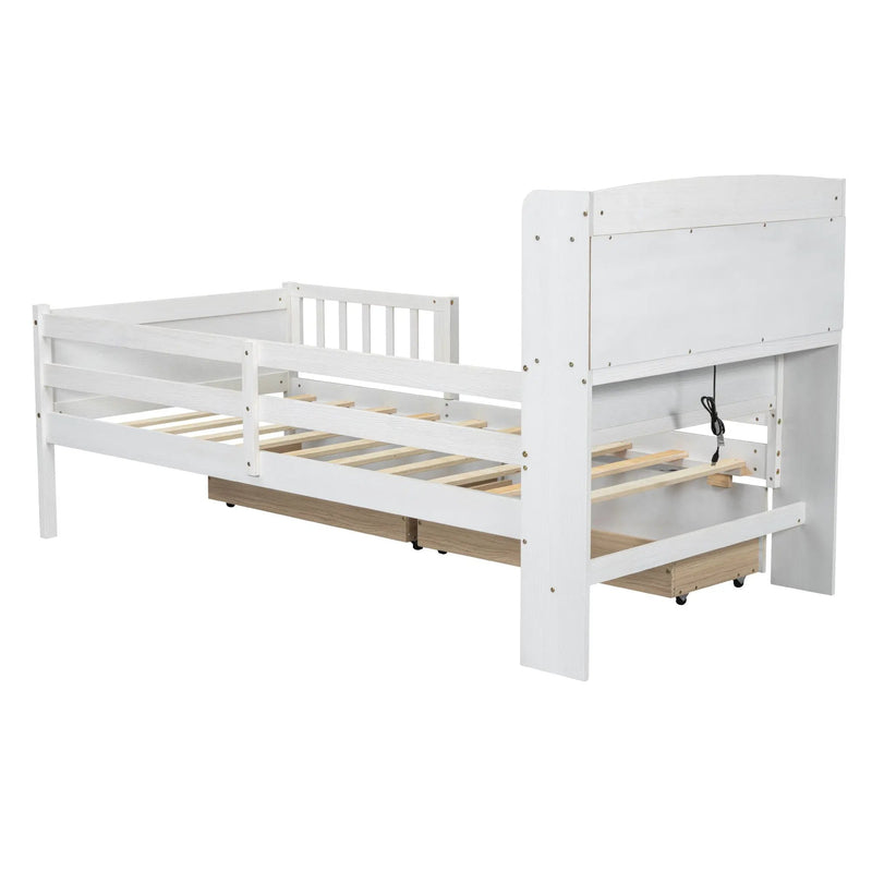 Platform Bed With LED Light, Multi Functional Headboard, Guardrail And 2 Drawers
