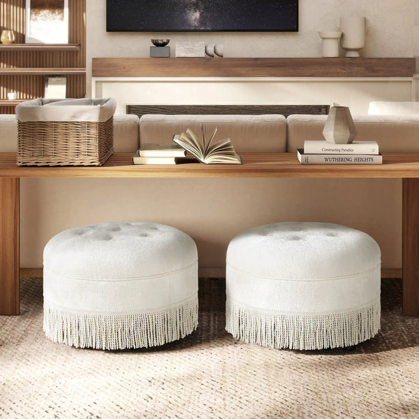 Yolanda - Round Upholstered Accent Ottoman - Almond White, photo 2 of 7