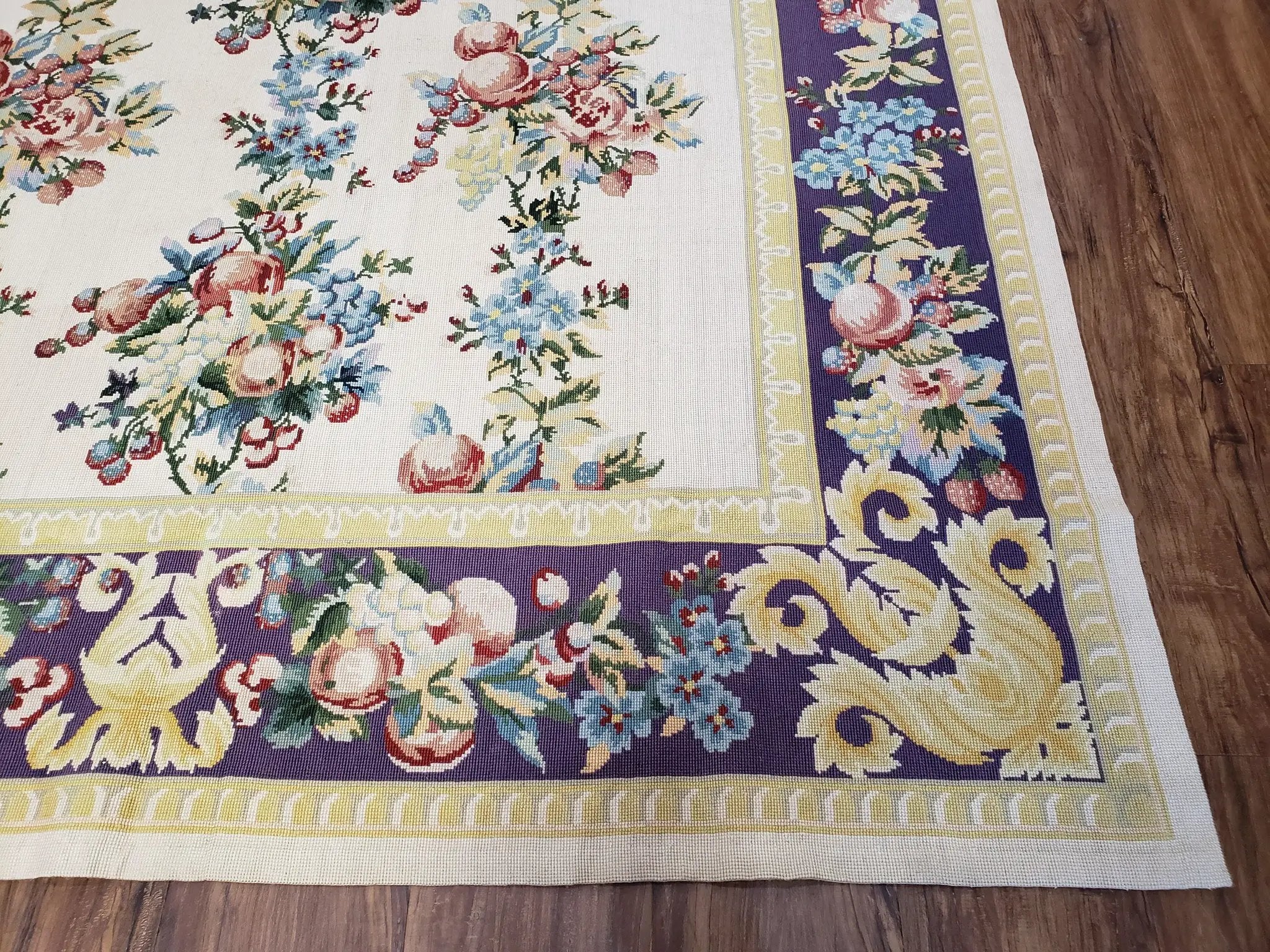 Vintage Chinese Floral Needlepoint Area Rug 6x9, Wool Hand-Woven Handmade Flatweave Rug, Ivory & Purple, Fruits Grapes Apples, Dining Room by Jewel Rugs