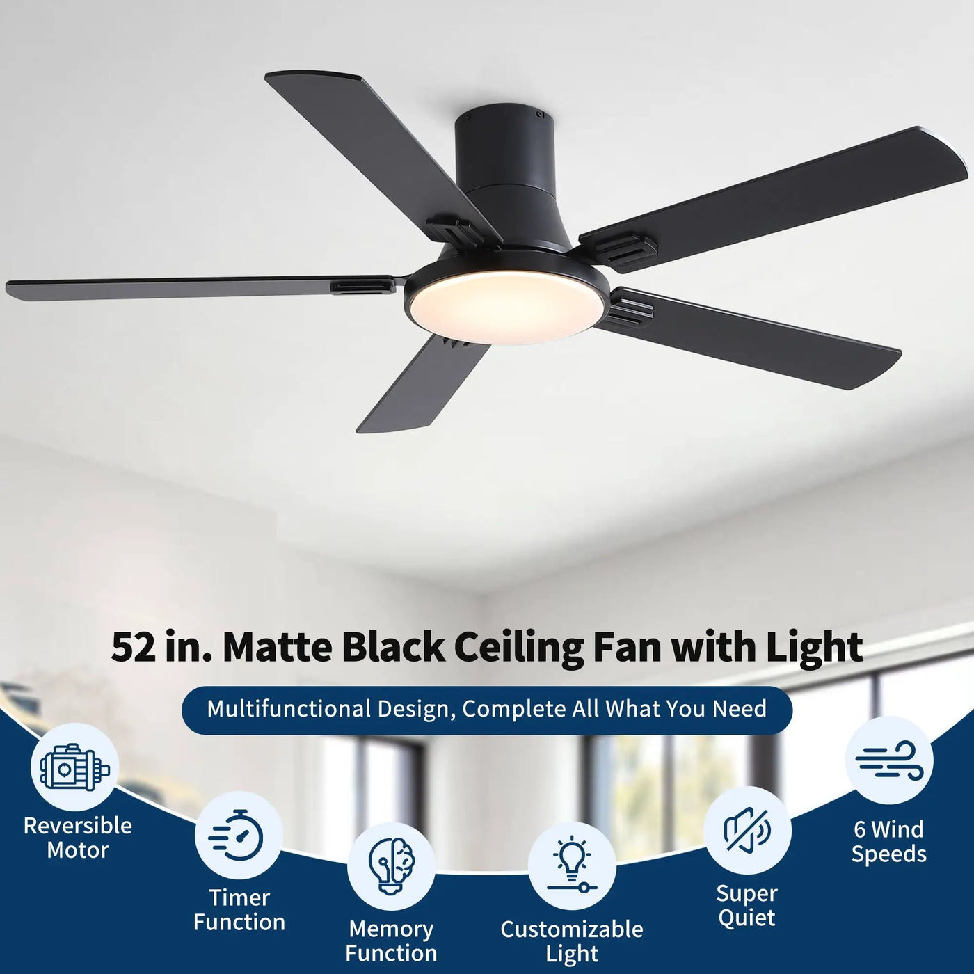 Flush Mount Ceiling Fans With LED Light And Remote Control, 5 Blades by HouseOfZazla