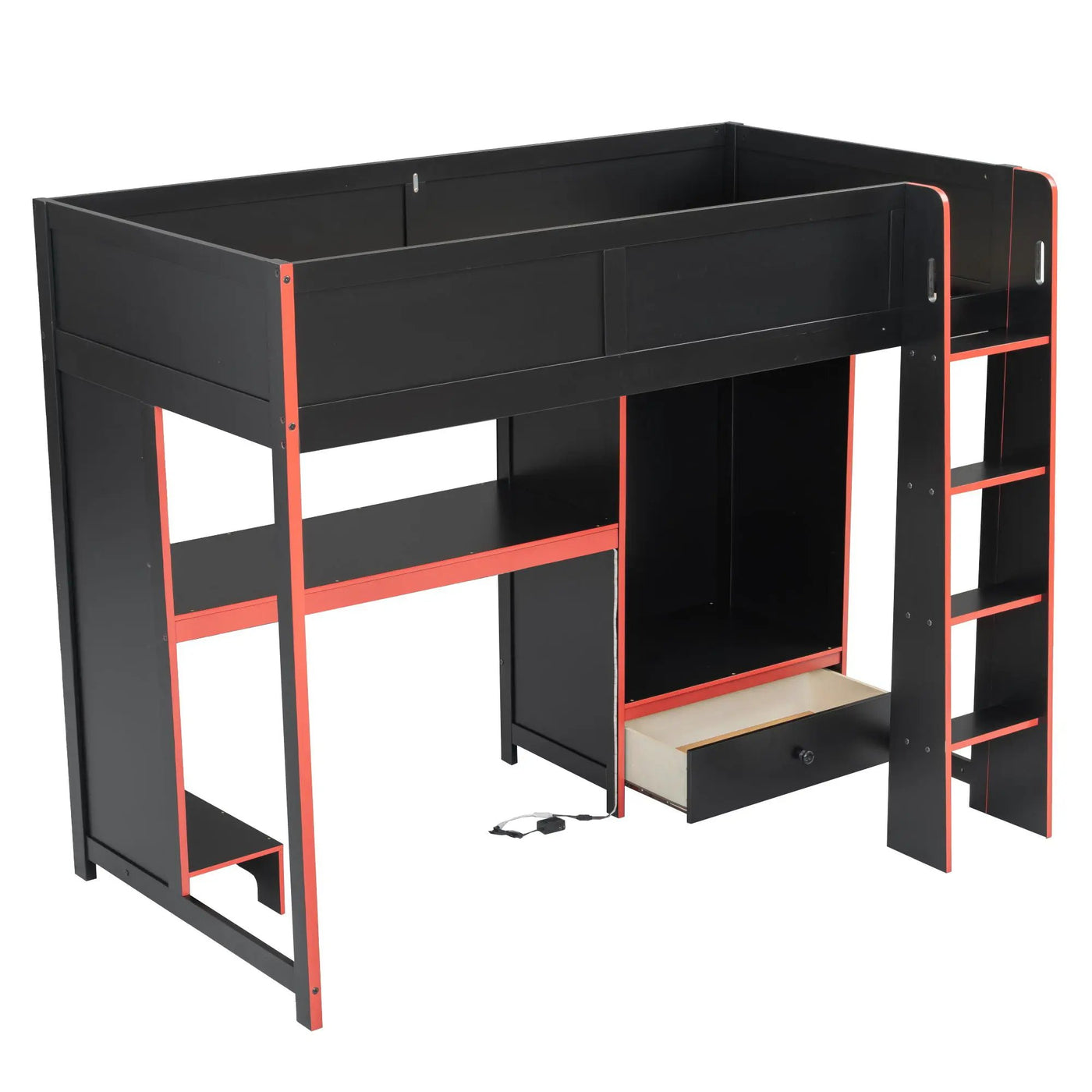 Gaming Loft Bed With Built In Desk, Wardrobe, LED Lighting And Drawer by Unique Piece Furniture