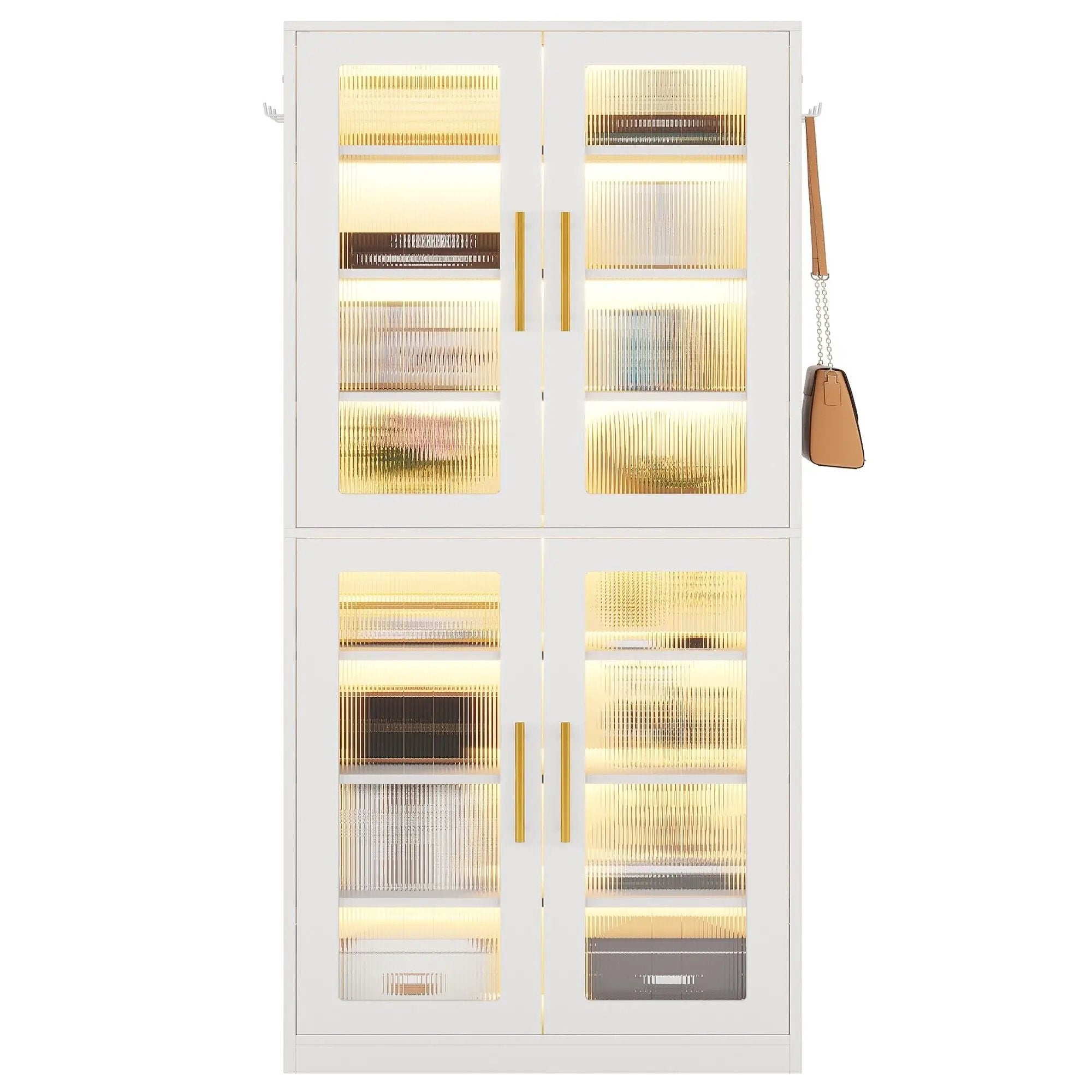 Bookcase With Doors And LED Lighting, 8 Adjustable Shelves Storage Cabinet
