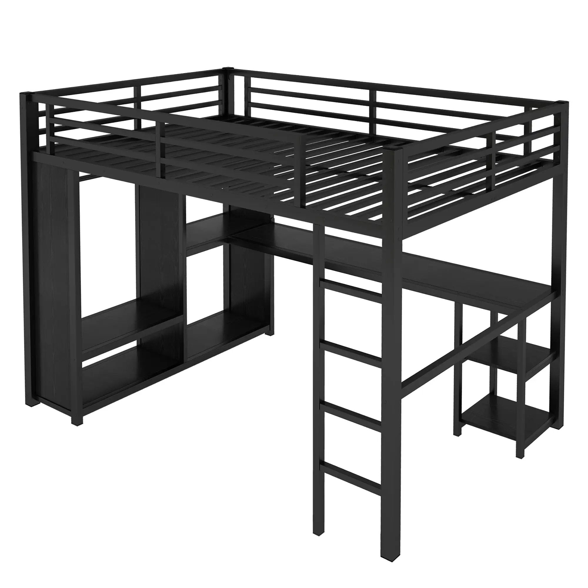 Full Size Loft Bed Frame with Built-in Wardrobe, Metal Loft Bed with Desk and Storage Shelves by HouseOfZazla