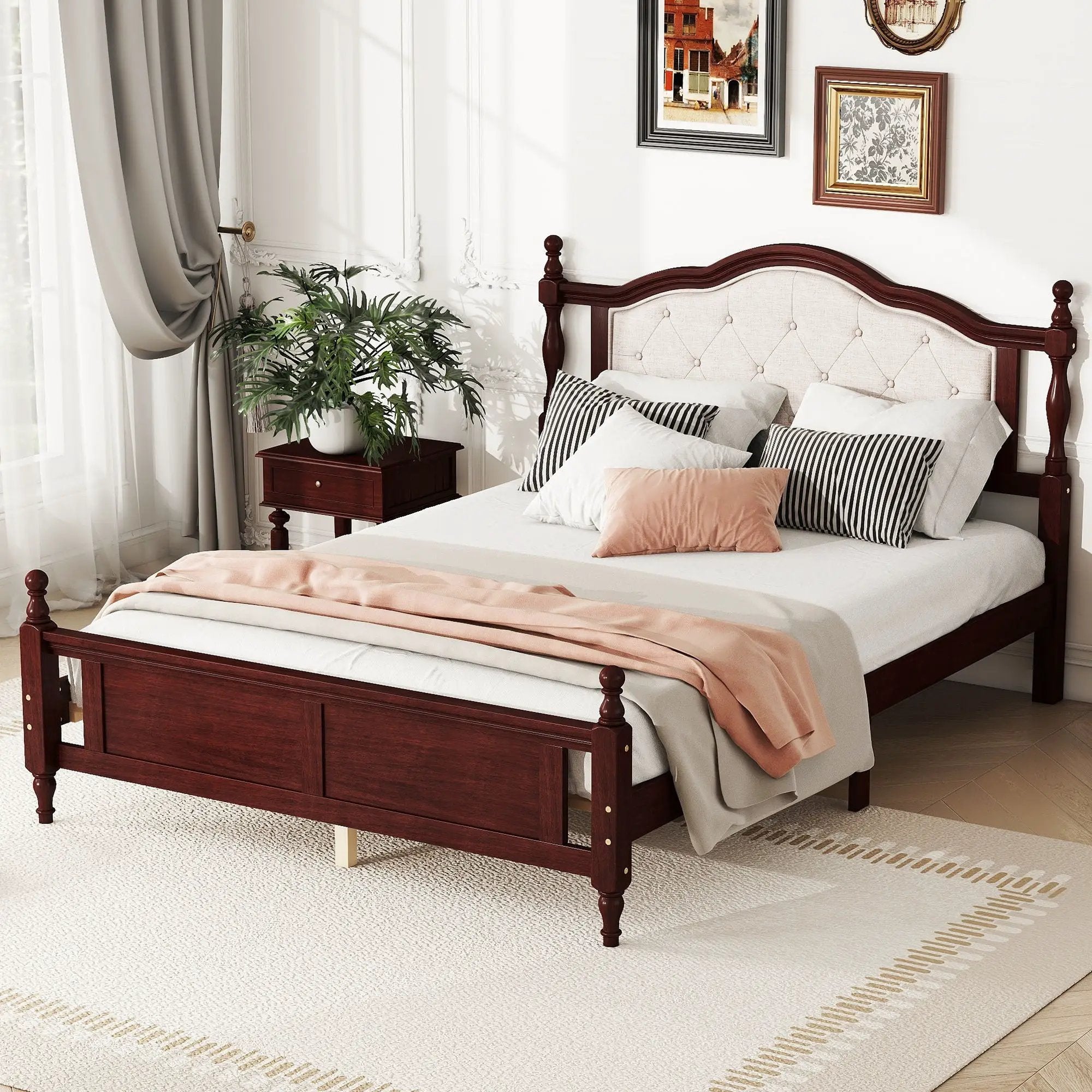 Pine Wooden Bed With Upholstered Headboard And Panel Footboard, With Two Bed Rail Support Feet And Central Platform Support Feet by Unique Piece Furniture