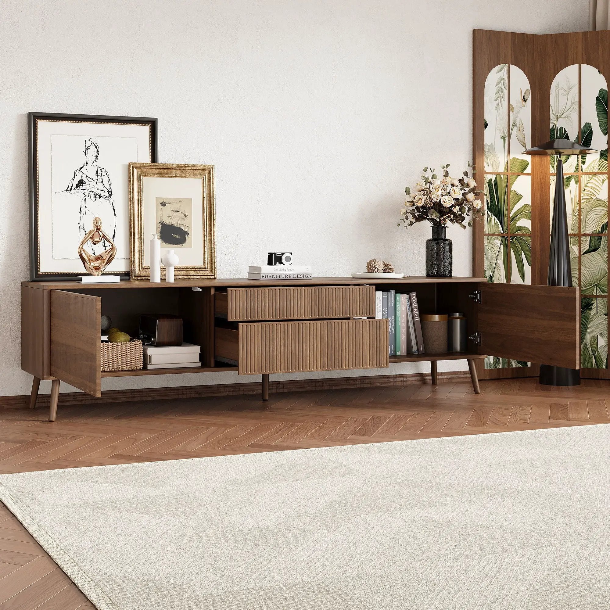 Fluted TV Stand With Storage Drawers And Cabinets For TVs Up To 80", Soft-Close Hinges, Cable Management - Walnut by Unique Piece Furniture