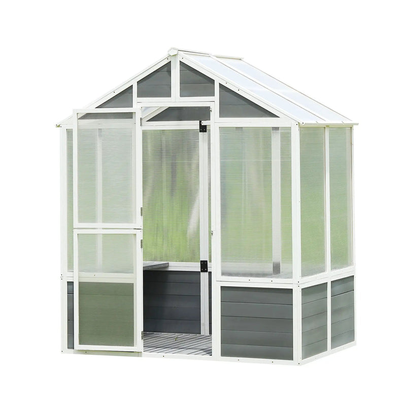 Greenhouse, Wooden Greenhouse Polycarbonate Garden Shed For Plants, Walk-In Outdoor Plant Gardening Greenhouse For Patio Backyard Lawn, Grow House With Front Entry Door - White / Gray by HouseOfZazla