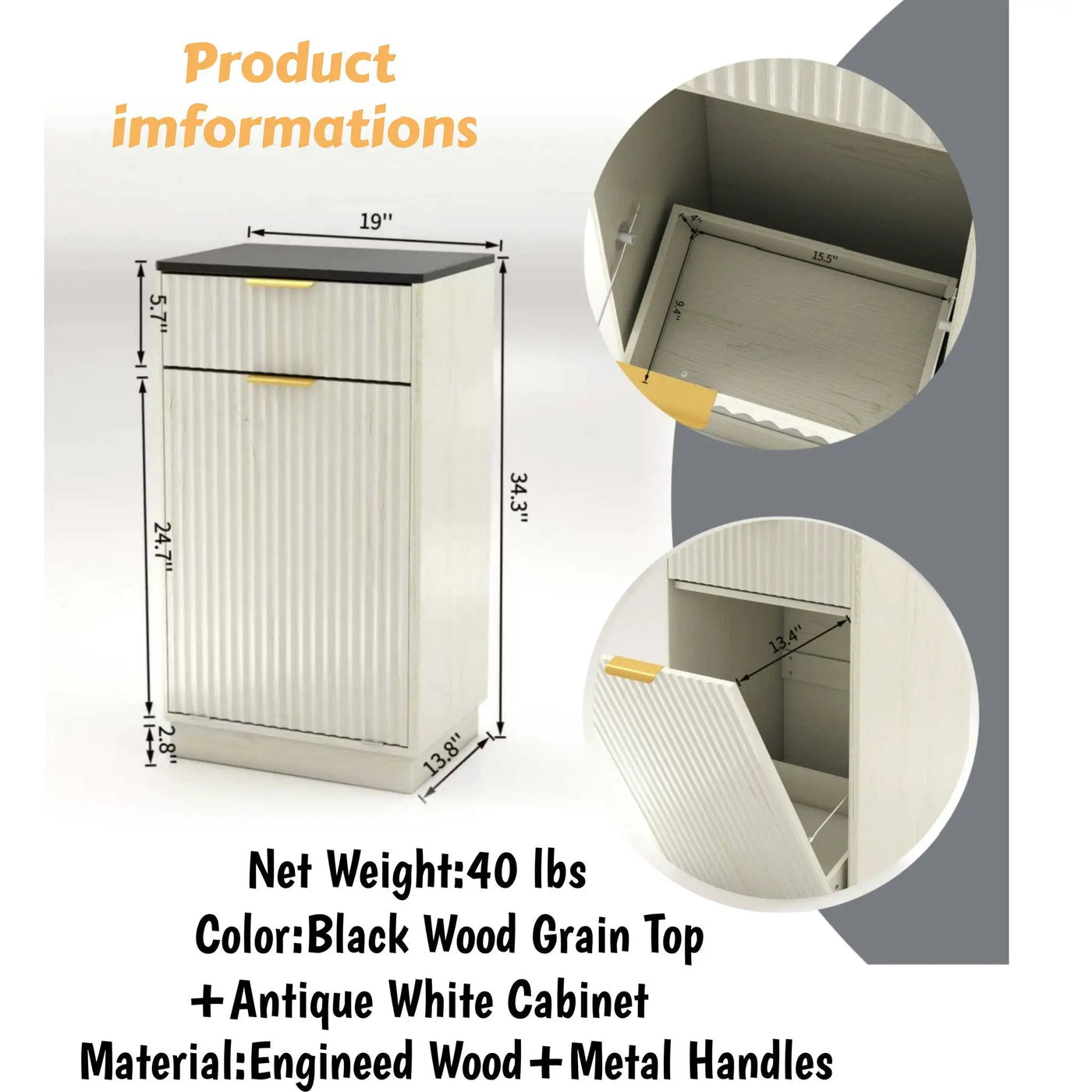Tilt Out Trash Can Cabinet With Wave Textured Drawer & Pull Out Bin by HouseOfZazla