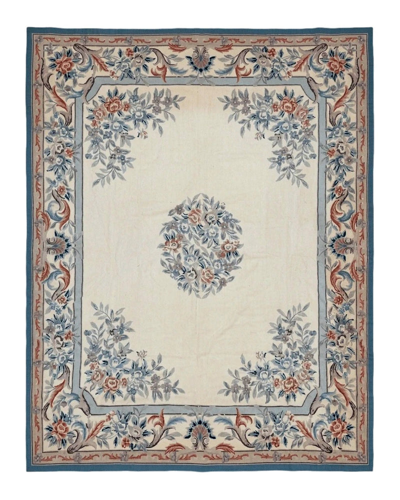 Ivory Needlepoint Rug 8x10, Wool Handmade Carpet by Jewel Rugs