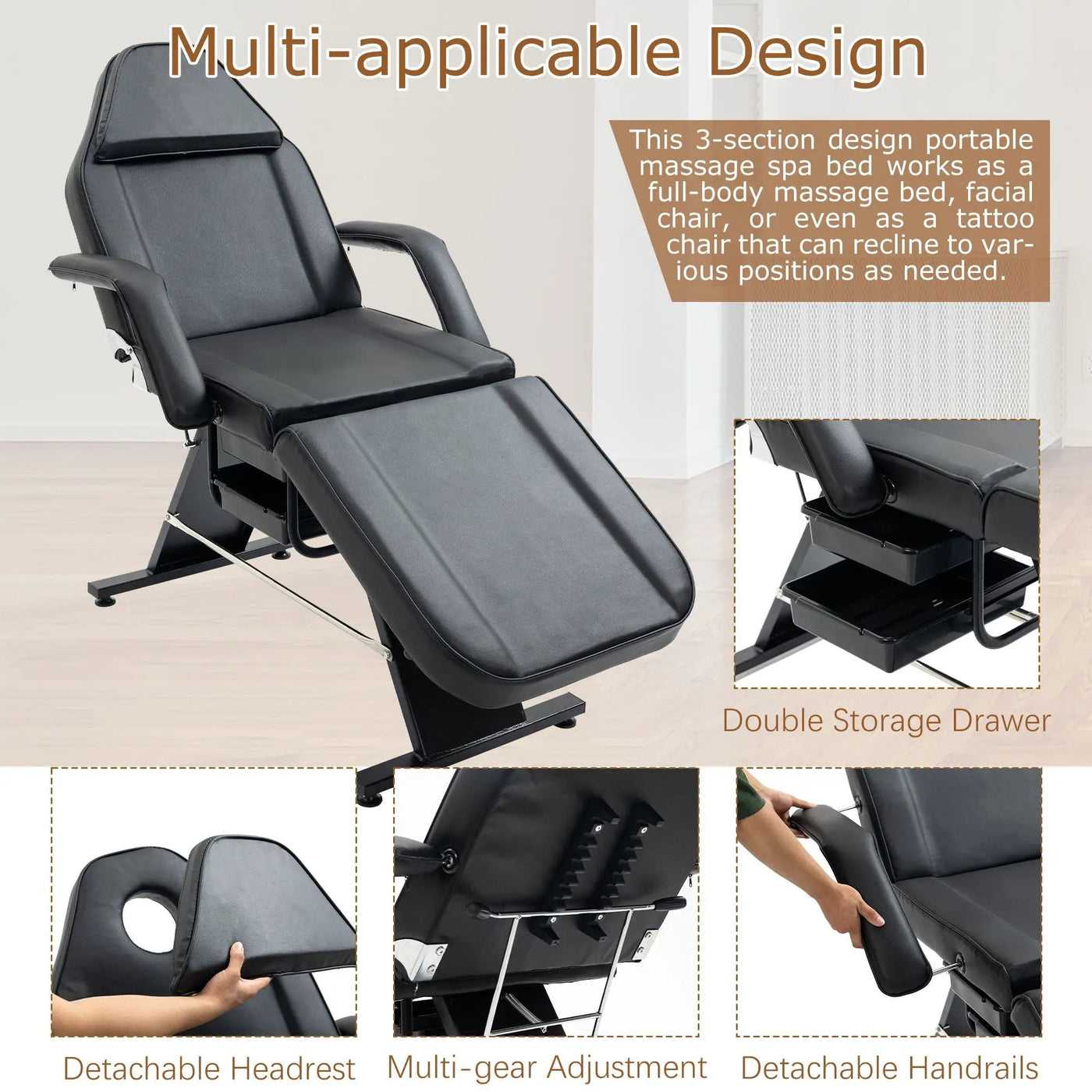 Massage Salon Tattoo Chair With Two Trays Esthetician Bed With Hydraulic Stool, Multi-Purpose 3-Section Facial Bed Table, Adjustable Beauty Barber Spa Beauty Equipment by HouseOfZazla